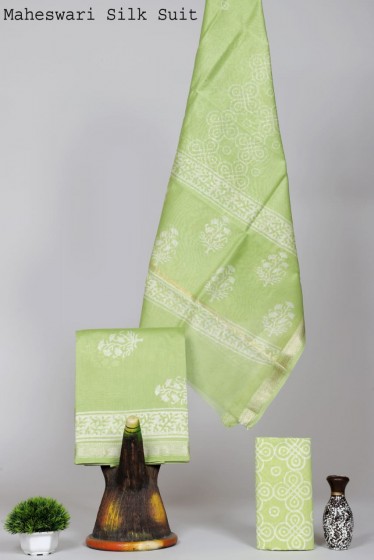  Maheshwari Silk Cotton Hand Block Lime Green Suit Fabric 