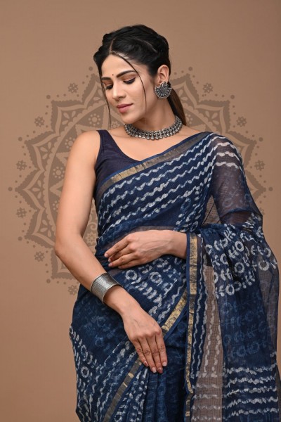 Kota Doriya Dabu Print Saree, Indigo, Cotton Saree