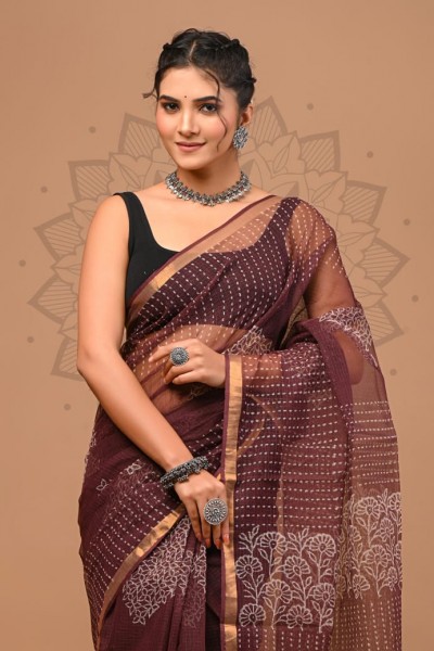 Kota Doriya Dabu Print Saree, Brown, Cotton Saree