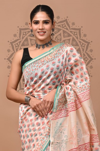 Sanganeri Chanderi Silk Saree - Peach Boota