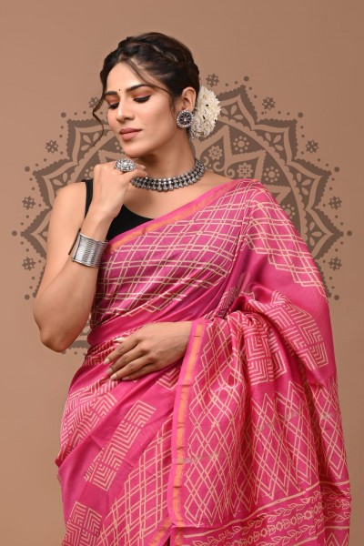 Box Print Chanderi Silk Saree - Hand Block Pink