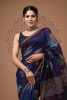 Chanderi Silk Saree - Hand Block Blue Brahmkamal