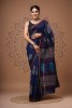 Chanderi Silk Saree - Hand Block Blue Brahmkamal