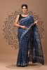 Chanderi Silk Saree - Hand Block Indigo Tides