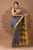 Maheshwari Silk Saree - Hand Block Blue Flower Motif