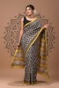 Chanderi Silk Saree - Hand Block - Blue Yellow Leaves