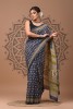 Chanderi Silk Saree - Hand Block Blue Yellow