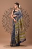 Chanderi Silk Saree - Hand Block Blue Yellow